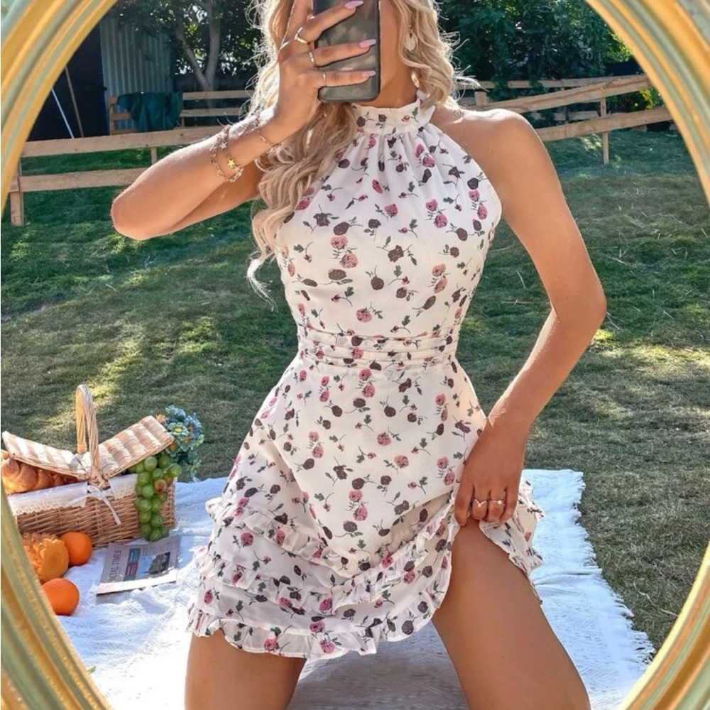 Floral print layered hem chiffon halter dress